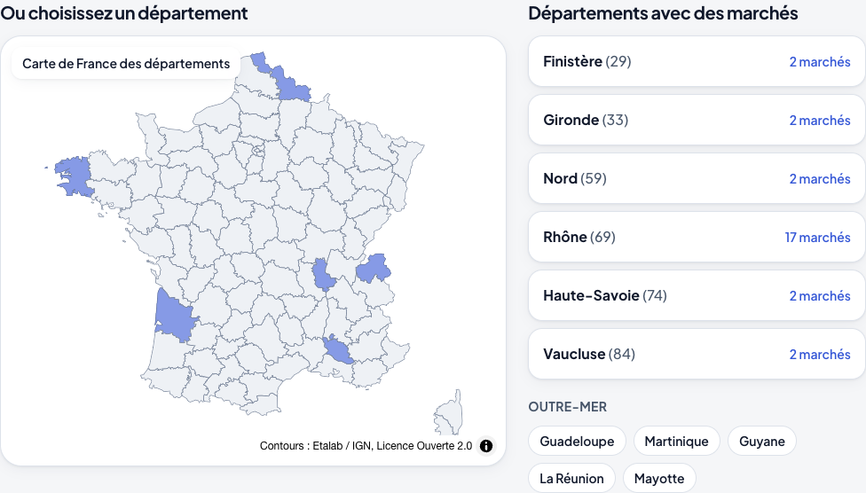 Carte de France et liste des départements avec des marchés