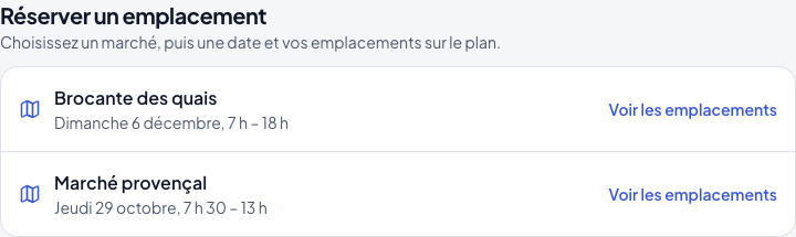 Bloc « Réserver un emplacement » de l’espace commerçant