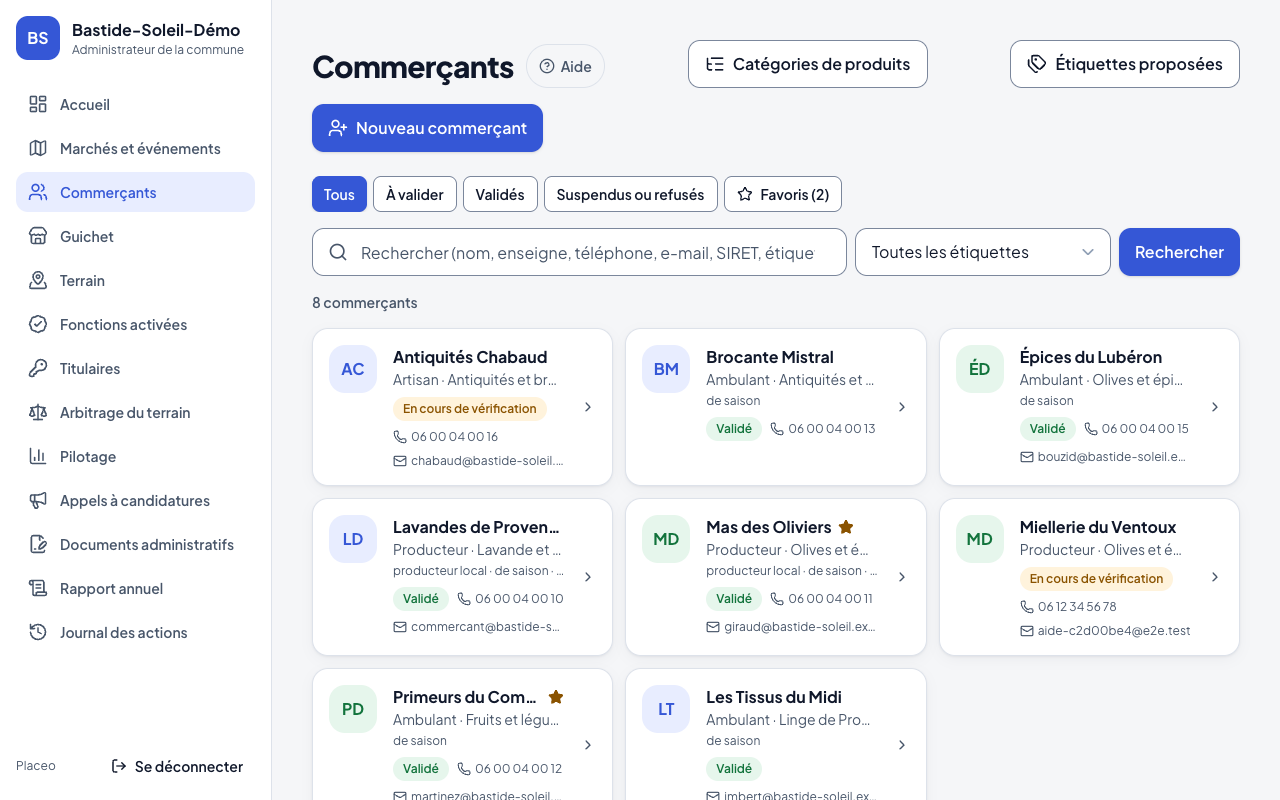 Liste des commerçants et filtres