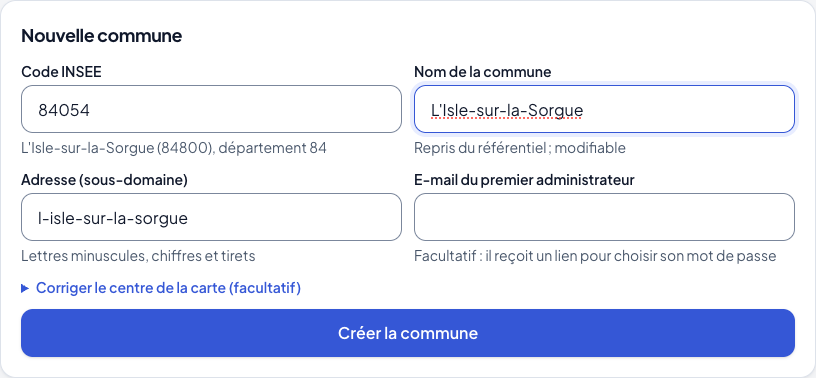 Création d’une commune par son code INSEE